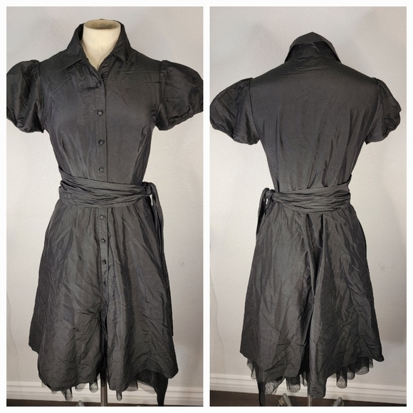 BCBGMaxAzria Dresses & Skirts - Bcbgmaxazria 2 Dress Puff Sleeve 100% Silk Fit Flare Fairygrunge Whimsygoth